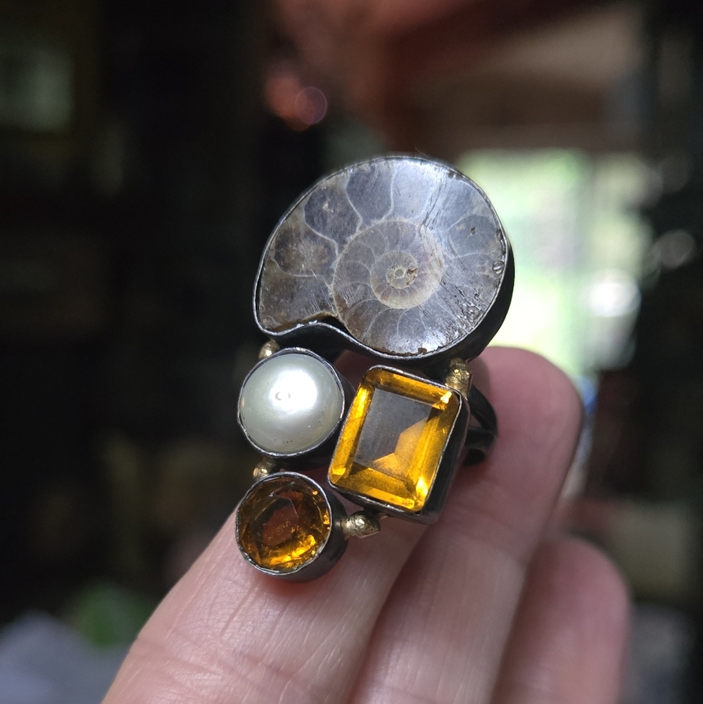 Ammonite Fossil pearl & citrine gemstone sterling & gold Ring sz8.5 - Picture 8 of 11